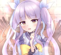 Rule 34 | 1girl, blunt bangs, blush, brown eyes, brown gloves, commentary request, frilled sleeves, frills, gloves, hair ribbon, highres, japanese clothes, kabedon, kimono, kyoka (princess connect!), long hair, long sleeves, looking at viewer, open mouth, pointy ears, pov, princess connect!, purple hair, ribbon, sash, solo focus, sparkle, twintails, wall, zeatto