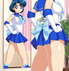 Rule 34 | 1girl, ass, bishoujo senshi sailor moon, blue choker, blue eyes, blue hair, blue sailor collar, blue skirt, bow, breasts, choker, earrings, elbow gloves, gloves, highres, jewelry, magical girl, mirror, mizuno ami, pirochi, sailor collar, sailor mercury, sailor senshi uniform, short hair, simple background, skirt, small breasts, solo, thick thighs, thighs, tiara, white background, white gloves