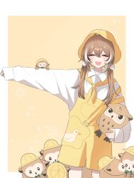 Rule 34 | 1girl, :d, absurdres, alternate costume, alternate hairstyle, bird, brown hair, bucket hat, closed eyes, dress shirt, duck, hat, highres, hololive, hololive english, hooman (nanashi mumei), hootsie (nanashi mumei), low twintails, nanashi mumei, neckerchief, open mouth, outstretched arm, overall shorts, overalls, pom pom (clothes), shirt, simple background, smile, star (symbol), teeth, twintails, upper teeth only, virtual youtuber, white shirt, xx tk9, yellow background, yellow hat, yellow neckerchief, yellow overalls
