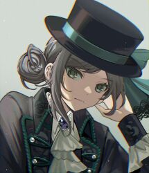 Rule 34 | 1girl, ascot, black hat, black jacket, blue bow, boater hat, bow, chromatic aberration, closed mouth, collared shirt, dress shirt, gem, grey background, grey eyes, grey hair, hair bun, hand on own head, hand up, hat, hat bow, jacket, looking to the side, melo (meronpoyo), purple gemstone, reverse:1999, shirt, short hair, simple background, single side bun, solo, upper body, vertin (reverse:1999), white ascot, white shirt