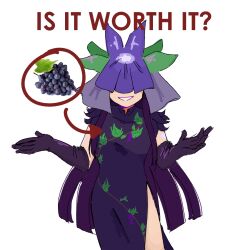 Rule 34 | 1girl, black gloves, black hair, china dress, chinese clothes, cyanidegray, dress, elbow gloves, flower, flower on head, food, fruit, gloves, grape print, grapes, highres, long hair, looking at viewer, meme, purple dress, purple flower, short sleeves, smile, solo, touhou, unfinished dream of all living ghost, vine print, white background, yomotsu hisami