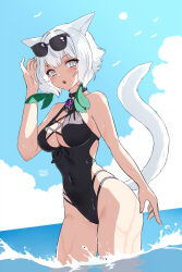 Rule 34 | 1girl, animal ears, black one-piece swimsuit, blue sky, breasts, brooch, cat ears, cat girl, cat tail, cleavage, eyewear on head, final fantasy, final fantasy xiv, grey eyes, hair ornament, highres, in water, jewelry, lili mdoki, medium breasts, miqo&#039;te, ocean, one-piece swimsuit, open mouth, sky, sunglasses, swimsuit, tail, white hair, y&#039;shtola rhul