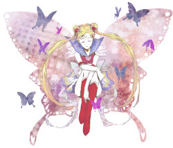 Rule 34 | 1990s (style), 1girl, bishoujo senshi sailor moon, blonde hair, blue sailor collar, boots, bow, brooch, bug, butterfly, butterfly wings, double bun, elbow gloves, facial mark, forehead mark, full body, gloves, hair bun, heart, heart brooch, insect, insect wings, jewelry, knee boots, long hair, no nose, realta88, red bow, red footwear, retro artstyle, sailor collar, sailor moon, sitting, solo, super sailor moon, tsukino usagi, twintails, white gloves, wings