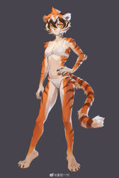 Rule 34 | 1girl, absurdres, arknights, arm at side, bra, breasts, claws, closed mouth, collarbone, feijio yizhi, full body, furry, furry female, grey background, hair between eyes, hand on own hip, highres, looking at viewer, medium breasts, multicolored hair, navel, orange eyes, pants, short hair, solo, standing, tiger girl, underwear, waai fu (arknights), weibo logo, white bra, white pants