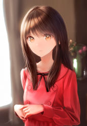 Rule 34 | 1girl, black hair, black ribbon, blurry, blurry background, brown eyes, commentary request, curtains, dress, flower, highres, indoors, long hair, long sleeves, looking at viewer, neck ribbon, ojay tkym, original, own hands together, parted lips, plant, red dress, revision, ribbon, solo, table, window