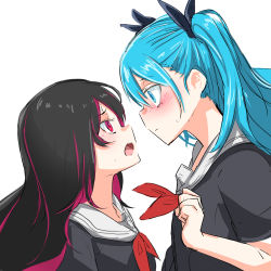 Rule 34 | 2girls, absurdres, annie bass, aqua eyes, aqua hair, bad id, bad pixiv id, black hair, black ribbon, black shirt, blouse, blush, breasts, clenched hand, colored inner hair, female focus, genderswap, genderswap (mtf), hair between eyes, hair ornament, hair ribbon, height difference, highres, koutyamochi, long hair, looking at another, matching hair/eyes, multicolored hair, multiple girls, neckerchief, pink hair, red eyes, red neckerchief, ren (witch&#039;s weapon), ribbon, school uniform, shadow, shirt, simple background, small breasts, twintails, upper body, very long hair, white background, witch&#039;s weapon, yuri