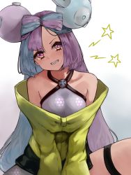 Rule 34 | 1girl, absurdres, bad id, bad twitter id, bare shoulders, black shorts, blue hair, blush, bow-shaped hair, breasts, character hair ornament, collarbone, creatures (company), game freak, grey eyes, grin, hair ornament, highres, iono (pokemon), jacket, lamp p9, light blue hair, long hair, long sleeves, looking at viewer, low twintails, medium breasts, multicolored hair, nintendo, off shoulder, pink hair, pokemon, pokemon sv, sharp teeth, shorts, sleeves past fingers, sleeves past wrists, smile, solo, split-color hair, teeth, twintails, yellow jacket