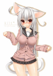Rule 34 | 1girl, animal ears, blush, breasts, brown eyes, cat ears, cat tail, character name, english text, engrish text, fang, frown, inuue kiyu, kilt (inuue kiyu), large breasts, long hair, looking at viewer, original, ranguage, school uniform, skirt, sleeves past wrists, solo, sweater, tail, white hair