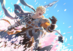 Rule 34 | 1boy, armor, armored boots, axe, blonde hair, boots, brown gloves, gloves, granblue fantasy, green eyes, halberd, highres, holding, holding polearm, holding weapon, large pectorals, male focus, muscular, muscular male, open mouth, pauldrons, pectorals, petals, polearm, shoulder armor, single pauldron, sky kbuc, solo, vambraces, vane (granblue fantasy), weapon