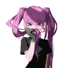 Rule 34 | 1girl, black shirt, blue eyes, commentary request, covered mouth, dress shirt, gloves, grey gloves, hair between eyes, hand up, highres, holding, holding hair, liyou-ryon, long hair, looking at viewer, original, purple hair, shirt, short sleeves, simple background, solo, twintails, upper body, very long hair, white background