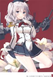 Rule 34 | 1girl, absurdres, beret, blush, breasts, buttons, closed mouth, detached sleeves, epaulettes, flower, frilled sleeves, frills, gloves, grey eyes, hat, highres, holding, holding clothes, holding skirt, index finger raised, kantai collection, kashima (kancolle), kerchief, long sleeves, looking at viewer, machinery, medium breasts, miniskirt, page number, pleated skirt, red background, rie (reverie), scan, sidelocks, silver hair, simple background, skirt, socks, solo, turret, uniform, white gloves