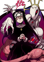 Rule 34 | 1girl, blonde hair, breasts, claws, closed eyes, cross, cross necklace, double (skullgirls), habit, hands together, highres, jewelry, large breasts, monster, monster girl, necklace, nun, red eyes, simple background, skullgirls, smile, solo, tentacles, traditional nun, tukiwani, white background