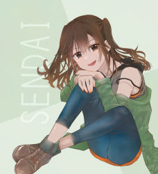 Rule 34 | 1girl, :d, brown eyes, brown footwear, brown hair, casual, character name, denim, full body, green jacket, hair between eyes, highres, jacket, jeans, kantai collection, kiusagi sanae, long hair, official alternate costume, open mouth, pants, sendai (kancolle), sitting, smile, solo, two side up