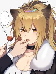 Rule 34 | 1girl, animal ears, arknights, black collar, black jacket, breasts, brown eyes, brown hair, candy, cleavage, collar, collarbone, food, fur-trimmed collar, fur-trimmed jacket, fur trim, hair between eyes, highres, holding, holding candy, holding food, holding lollipop, jacket, large breasts, lion ears, lollipop, long hair, open clothes, open jacket, shirasu uni, siege (arknights), studded collar, tank top, tongue, tongue grab, tongue out, white tank top