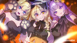 Rule 34 | 3girls, alice margatroid, animal hands, black dress, black gloves, black headwear, blonde hair, blue eyes, braid, breasts, buttons, cleavage, crescent, crescent hair ornament, dress, gloves, grin, hair between eyes, hair ornament, halloween, halloween costume, hat, heterochromia, highres, jack-o&#039;-lantern, kirisame marisa, large breasts, long hair, looking at viewer, multiple girls, open mouth, patchouli knowledge, paw gloves, purple eyes, purple hair, red eyes, short hair, single braid, smile, star (symbol), star hair ornament, sumi (u-kar1n-89m0), tongue, tongue out, touhou, trick or treat, twitter username, v, witch hat, yellow eyes