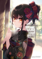 Rule 34 | 1girl, :o, artist name, black hair, black kimono, blurry, blurry background, blurry foreground, blush, bow, breath, brown eyes, commentary request, day, depth of field, earrings, floral print, hair between eyes, hair bow, high ponytail, highres, japanese clothes, jewelry, kimono, looking at viewer, minamura haruki, original, outdoors, palms together, parted lips, ponytail, print kimono, red bow, sidelocks, solo, water, watermark, web address
