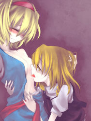 Rule 34 | 2girls, alice margatroid, bad id, bad pixiv id, blonde hair, blush, breast sucking, breasts, closed eyes, female focus, hairband, hand on another&#039;s head, kirisame marisa, licking, multiple girls, myama, navel, off shoulder, open clothes, open shirt, shirt, touhou, wince, yellow eyes, yuri