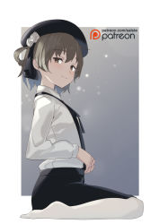 Rule 34 | 1girl, beret, black hat, black ribbon, black skirt, blush, brown eyes, brown hair, closed mouth, collared shirt, commentary request, flower, hair between eyes, hair flower, hair ornament, hair rings, hat, hatoba tsugu, long sleeves, looking at viewer, looking to the side, mole, mole under eye, no shoes, pantyhose, ribbon, rose, saiste, shirt, sitting, skirt, solo, suspender skirt, suspenders, virtual youtuber, wariza, white flower, white pantyhose, white rose, white shirt