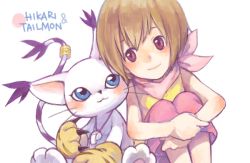 Rule 34 | 1girl, :3, animal ears, ayame (artist), blue eyes, blush, brown hair, cat, cat ears, cat tail, character name, digimon, digimon (creature), digimon adventure, hugging own legs, purple eyes, scarf, short hair, simple background, smile, tail, tailmon, whistle, white background, yagami hikari