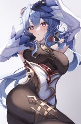Rule 34 | 1girl, :o, ahoge, armpits, ass, bare shoulders, bell, black bodysuit, black gloves, blue hair, blush, bodystocking, bodysuit, breasts, detached sleeves, ganyu (genshin impact), genshin impact, gloves, goat horns, gold trim, hair between eyes, highres, horns, large breasts, long hair, looking at viewer, messy hair, neck bell, open mouth, pink eyes, pink hair, sa-ya2, sidelocks, simple background, tareme, white background