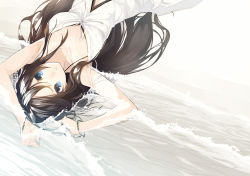Rule 34 | 1girl, arms up, bare shoulders, beach, black hair, blue eyes, bracelet, dress, highres, jewelry, long hair, lying, ocean, on back, original, parted lips, partially submerged, senmu (senmudayo), smile, solo, upside-down, water, white dress