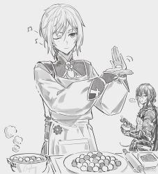 Rule 34 | 2boys, apron, bridal gauntlets, csyday, eating, fate/grand order, fate (series), food, hair between eyes, long hair, long sleeves, monochrome, multiple boys, musical note, one eye closed, plate, ponytail, pot, prince of lan ling (fate), short hair, sketch, smile, yan qing (fate)