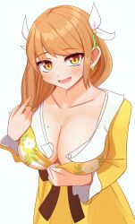 Rule 34 | 1girl, breasts, brown hair, cleavage, fire emblem, fire emblem engage, flower, goldmary (fire emblem), hair flower, hair ornament, highres, kirby lord, large breasts, looking at viewer, mole, mole on breast, nintendo, official alternate costume, open mouth, solo, yellow eyes