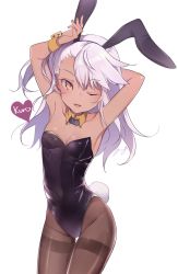 Rule 34 | 1girl, animal ears, armpits, arms behind head, arms up, black leotard, blush, breasts, brown hair, character name, chloe von einzbern, cleavage, collarbone, covered navel, dark-skinned female, dark skin, detached collar, fake animal ears, fate/kaleid liner prisma illya, fate (series), heart, highleg, highleg leotard, highres, hip focus, leaning to the side, leotard, long hair, looking at viewer, one eye closed, one side up, orange eyes, pantyhose, parted lips, playboy bunny, rabbit ears, rabbit girl, rabbit tail, signature, silver hair, simple background, small breasts, smile, solo, swept bangs, tail, thighband pantyhose, thighs, white background, wrist cuffs, yukimiya yuge