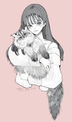 Rule 34 | 1girl, animal, animal hug, artist name, awatsu mai, bare shoulders, blush, cat, cheek-to-cheek, closed mouth, commentary request, cropped torso, dated, earclip, greyscale with colored background, hands up, heads together, holding, holding animal, holding cat, long hair, long sleeves, looking at viewer, mole, mole under eye, off-shoulder sweater, off shoulder, pink background, real life, ribbed sweater, sally (allogkk), simple background, solo, spaghetti strap, sweater, voice actor