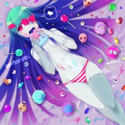 Rule 34 | 1girl, bad id, bad pixiv id, blue hair, breasts, candy, colored skin, cookie, cupcake, disembodied eye, eyeball, food, food on face, green hair, grey skin, hair censor, heart, highres, kisaragi yuu (fallen sky), lollipop, long hair, navel, open mouth, original, panties, red eyes, ribbon, scar, single eye, small breasts, solo, striped clothes, striped panties, topless, underwear, very long hair, zombie