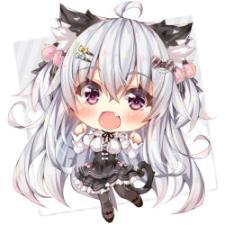 Rule 34 | 1girl, :d, ahoge, animal ears, black footwear, black pantyhose, black skirt, blush, bow, breasts, cat ears, cat girl, cat tail, chibi, commentary request, fang, full body, green bow, hair between eyes, hair bow, hair ornament, hairclip, hands up, head tilt, high-waist skirt, large breasts, long hair, long sleeves, looking at viewer, off-shoulder shirt, off shoulder, ooji cha, open mouth, original, oziko (ooji cha), pantyhose, purple eyes, shirt, shoes, silver hair, skirt, smile, solo, standing, standing on one leg, tail, two side up, very long hair, white background, white shirt, yellow bow