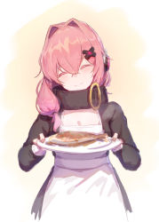 Rule 34 | 1girl, ^ ^, absurdres, apron, bad food, blush, closed eyes, commentary, commentary request, false smile, fish, food, girls&#039; frontline, hair between eyes, hair intakes, hair ornament, highres, k31 (girls&#039; frontline), nai (daiduolaoge), pink hair, simple background, smile