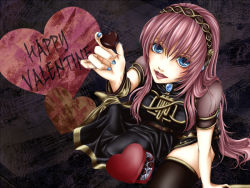 Rule 34 | 1girl, achikoako, arm support, bad id, bad pixiv id, black thighhighs, blue eyes, blue nails, candy, chocolate, chocolate heart, english text, food, happy valentine, heart, incoming gift, long hair, megurine luka, nail polish, sitting, solo, thighhighs, valentine, very long hair, vocaloid