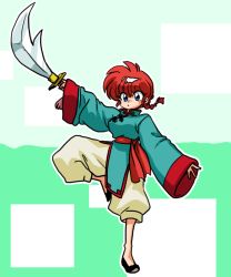 Rule 34 | 1girl, blue eyes, braid, chinese clothes, genderswap, genderswap (mtf), holding, holding weapon, long hair, looking to the side, ranma-chan, ranma 1/2, red hair, saotome ranma, single braid, solo, sword, tagme, wanta (futoshi), weapon
