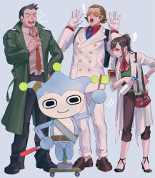 Rule 34 | 1girl, 2boys, absurdres, ace attorney, armband, arms up, bag, bandaid, bandaid on face, belt, black hair, blue badger, blue necktie, bobby fulbright, bottle, brown footwear, brown hair, brown pants, closed mouth, coat, dick gumshoe, ema skye, facial hair, formal, full body, gloves, green coat, half updo, hand on own hip, high heels, highres, holding, jacket, lab coat, long hair, long sleeves, multiple boys, muscular, muscular male, necktie, open mouth, orange necktie, pants, pants rolled up, phoenix wright: ace attorney - dual destinies, red armband, red shirt, shirt, short hair, simple background, sleeves rolled up, smile, spray bottle, standing, stubble, suit, sunglasses, surprised, white gloves, white jacket, white pants, yymmawo vv2