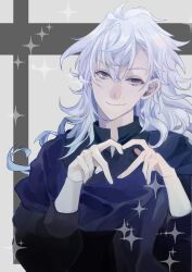 Rule 34 | 1boy, black shirt, dwarf1009, fate/grand order, fate (series), grey background, hair between eyes, heart, heart hands, long hair, long sleeves, looking at viewer, male focus, merlin (camelot &amp; co) (fate), merlin (fate), official alternate costume, purple eyes, purple scarf, scarf, shirt, smile, solo, sparkle, two-tone background, upper body, white background, white hair