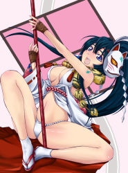 Rule 34 | 1girl, ayamo kaoru, black hair, blue eyes, breasts, character request, cleavage, japanese clothes, long hair, mask, miko, navel, open mouth, panties, polearm, ponytail, sengoku taisen, solo, spread legs, underwear, weapon, white panties