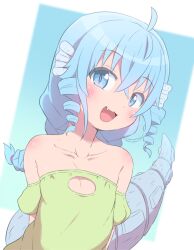 Rule 34 | 1girl, :d, ahoge, bare shoulders, blue eyes, blue hair, blush, bubukka, child, collarbone, crossed bangs, drill hair, fa (rpg fudousan), fang, fins, flat chest, hair between eyes, head fins, looking at viewer, open mouth, rpg fudousan, slit pupils, smile, solo, tail, twin drills, upper body
