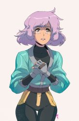 Rule 34 | 1980s (style), 1girl, bodysuit, collarbone, david liu, fingerless gloves, gloves, green jacket, grey background, own hands clasped, highres, jacket, light purple hair, retro artstyle, own hands together, pi (space maria), red eyes, retro artstyle, short hair, solo, space maria, thigh gap, wide hips