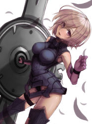 Rule 34 | 1girl, :d, absurdres, armored boots, armored leotard, black leotard, boots, breasts, breasts apart, elbow gloves, fate/grand order, fate (series), gloves, head tilt, highres, holding, holding shield, leotard, mash kyrielight, medium breasts, open mouth, petals, purple eyes, purple gloves, shield, short hair, silver hair, simple background, smile, solo, tacch, thigh boots, thighhighs, white background
