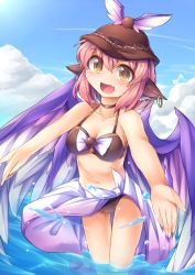 Rule 34 | 1girl, animal ears, bad id, bad pixiv id, bikini, blush, breasts, cameltoe, cleavage, earrings, fang, fingernails, fun bo, hat, jewelry, marisa to alice no cookie storia, mystia lorelei, navel, open mouth, outstretched arms, outstretched hand, pink hair, sarong, short hair, smile, solo, swimsuit, thigh gap, touhou, wading, water, wings