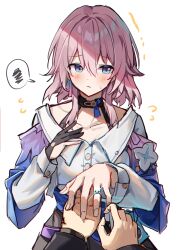 Rule 34 | 1girl, 1other, black choker, black gloves, blue eyes, blue jacket, blush, buttons, choker, collarbone, commentary, earrings, english commentary, flower ornament, glint, gloves, gradient jacket, highres, honkai: star rail, honkai (series), jacket, jewelry, long sleeves, looking at viewer, march 7th (honkai: star rail), medium hair, partially fingerless gloves, pink hair, pink jacket, pov, ring, shiroi ou, shirt, simple background, single earring, single glove, solo focus, upper body, wedding ring, white background, white shirt
