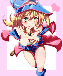 Rule 34 | 1girl, armor, bare shoulders, blonde hair, blush, blush stickers, boots, breasts, choker, cleavage, danpu, dark magician girl, green eyes, hat, jewelry, large breasts, long hair, looking at viewer, pendant, skirt, smile, tongue, tongue out, witch hat, yu-gi-oh!, yu-gi-oh! duel monsters