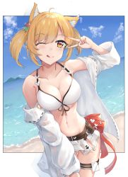 Rule 34 | 1girl, ;), ;q, ahoge, animal ear fluff, animal ears, arknights, bare shoulders, beach, bikini, bikini skirt, blonde hair, blue sky, blush, breasts, cleavage, cloud, collarbone, commentary request, cowboy shot, day, futasan, hand up, highres, large breasts, long sleeves, looking at viewer, microskirt, navel, ocean, off shoulder, official alternate costume, one eye closed, open clothes, open shirt, outdoors, shirt, short hair, skirt, sky, smile, solo, sora (arknights), sora (summer flowers) (arknights), standing, stomach, swimsuit, thigh strap, thighs, tongue, tongue out, twintails, v, water, white bikini, white shirt, white skirt, wolf ears, yellow eyes