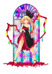 Rule 34 | .sin, 1girl, black dress, blonde hair, dress, female focus, flandre scarlet, flower, full body, head tilt, highres, legs apart, lifted by self, looking at viewer, mary janes, no panties, red eyes, rose, shoes, short hair with long locks, side ponytail, solo, stained glass, standing, touhou, wings