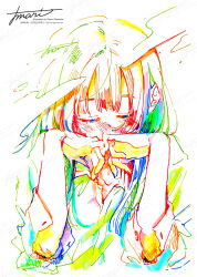 Rule 34 | 1girl, artist name, blush, buttoned cuffs, closed eyes, colorful, covered mouth, covering own mouth, facing viewer, hands up, hatching (texture), highres, long hair, original, own hands together, shirt, signature, sleeves pushed up, solo, straight-on, traditional media, upper body, watanabe tomari, watermark, white background