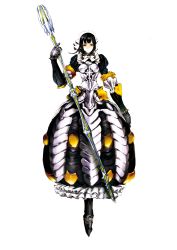Rule 34 | 1girl, absurdres, armor, armored dress, black footwear, black hair, cross, dress, gauntlets, highres, long hair, maid, maid headdress, narberal gamma, official art, overlord (maruyama), so-bin, solo, staff, white background