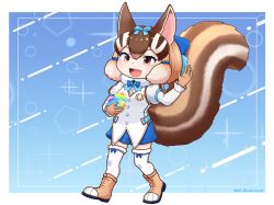Rule 34 | 1girl, absurdres, animal ears, blue background, boots, brown eyes, brown hair, ce bluelizard, chipmunk ears, chipmunk girl, chipmunk tail, extra ears, full body, gem, gloves, highres, kemono friends, kemono friends v project, looking at viewer, microphone, ribbon, shirt, short hair, shorts, siberian chipmunk (kemono friends), simple background, solo, tail, thighhighs, vest, virtual youtuber