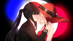 Rule 34 | 2girls, black bow, black hair, black suit, blonde hair, bow, commentary request, dress, closed eyes, formal, hand on another&#039;s hat, hat, hat bow, highres, incoming kiss, inoue takina, long hair, long sleeves, lycoris recoil, multiple girls, nishikigi chisato, official alternate costume, ponytail, red dress, red headwear, short hair, sleeveless, sleeveless dress, suit, tudili, upper body, yuri