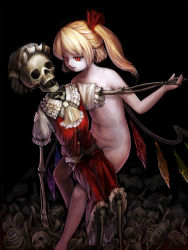 Rule 34 | 1girl, ascot, bad id, bad pixiv id, blonde hair, bone, collarbone, cosplay, darkness, dress, flandre scarlet, flandre scarlet (cosplay), flat chest, frilled dress, frills, hair ribbon, holding hands, hat, highres, holding, mob cap, nishi masakazu, nude, open mouth, pale skin, pointy ears, red dress, red eyes, red ribbon, ribbon, shirt, side ponytail, skeleton, skirt, skirt set, slit pupils, smile, solo, stomach, touhou, vest, wings